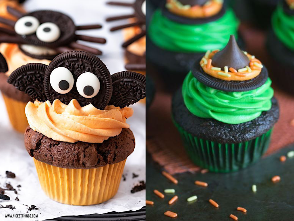 Cupcakes sur le thème d'Halloween, avec biscuit en forme de chauve-souris et goutte de chocolat simulant un chapeau de sorcière