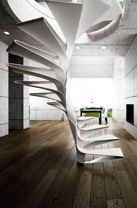 conception d'un escalier en colimaçon vers le deuxième étage dans une maison privée