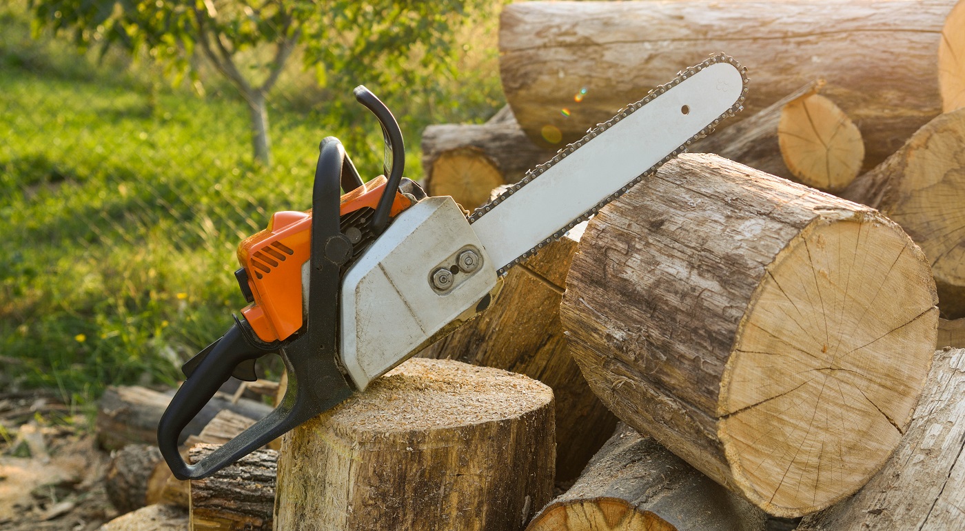 Gros plan du bûcheron scie à chaîne en mouvement, la sciure de bois voler sur les côtés.  Une personne à l'aide d'une tronçonneuse sur joli bois.Bouteur de bois scies arbre avec tronçonneuse sur scierie