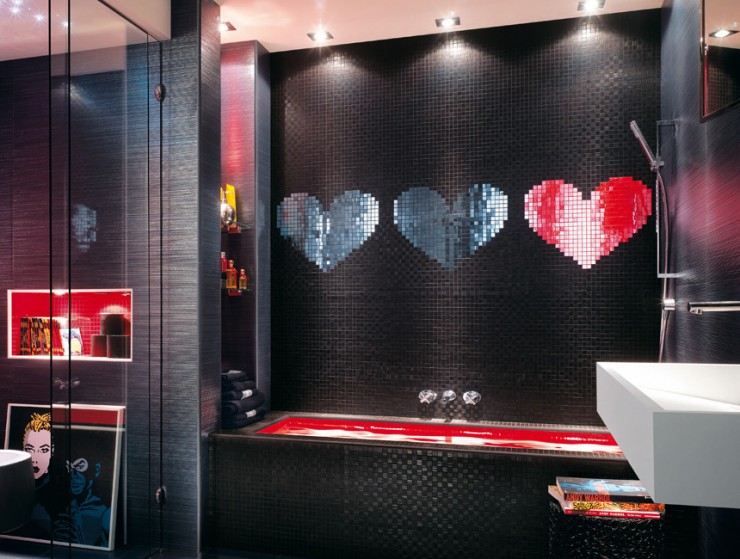 conception de salle de bain en mosaïque moderne noir et rouge