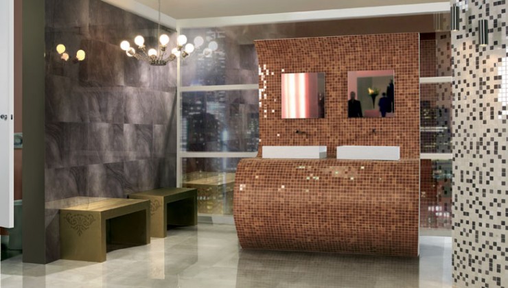 salle de bain en mosaïque incurvée en bronze doré
