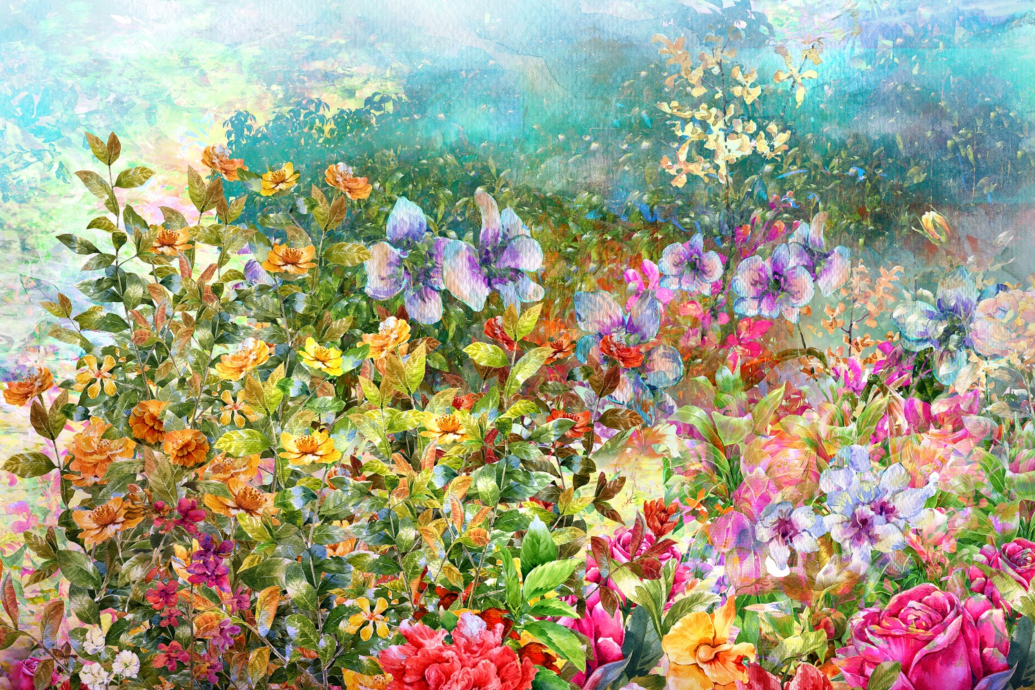 Peinture aquarelle abstraite de fleurs colorées.  Printemps multicolore