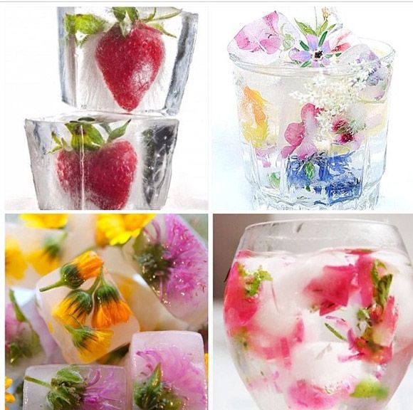 Bel exemple de glaçons décorés de fleurs et de fruits