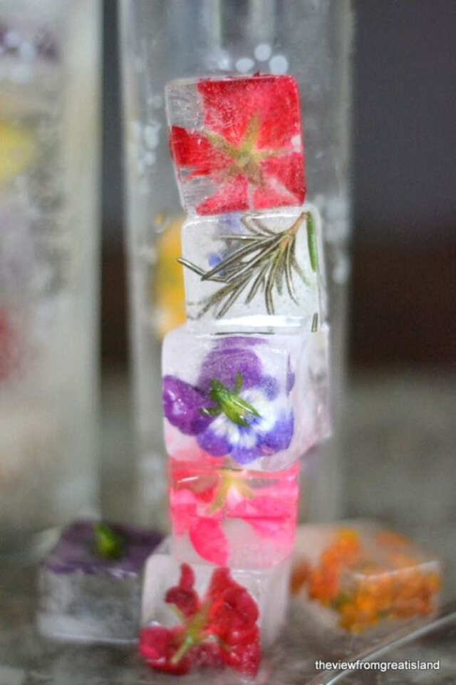 glace avec des fleurs et des fruits