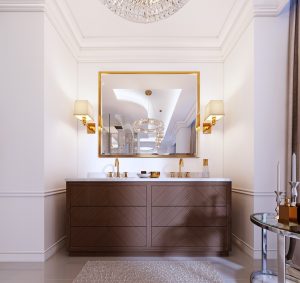 Meuble-lavabo moderne en bois avec un miroir dans un cadre doré et des appliques murales, une table basse avec décor et un tapis avec un lustre.  rendu 3d.  Conception luxueuse