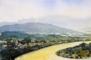 Peintures de paysage à l'aquarelle vue de dessus colorée du fleuve Mékong, montagne naturelle et forêt avec village, fond de nuage de ciel, point de repère en Thaïlande.  Impressionniste peint, image d'illustration