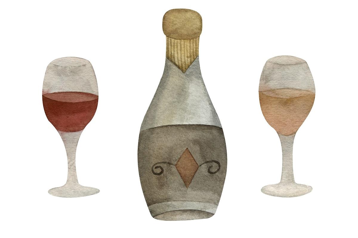 Ensemble aquarelle de style vintage de bouteille de vin avec des verres avec des boissons rouges et blanches.  Comment peindre du verre à l'aquarelle.